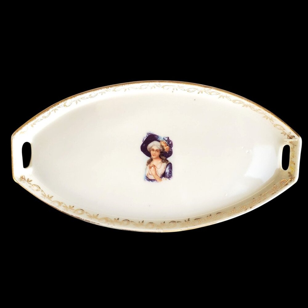 Antique Edwardian German Ilmenau Porcelain Vanity Tray Jlmenau Woman in Hat 7"